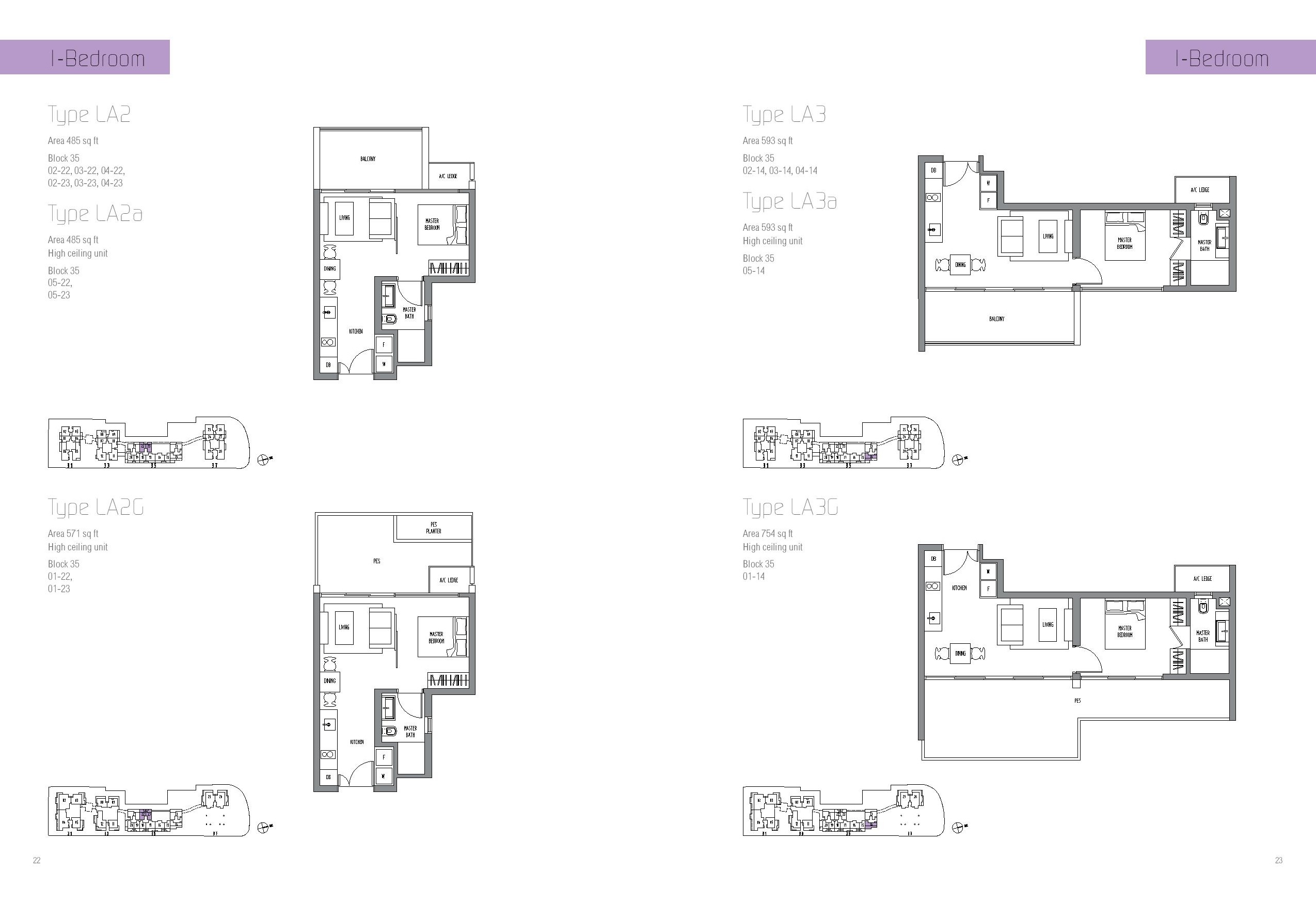 Sennett Residence 1 Bedroom Type LA, LA2a, LA2G, LA3, LA3a, LA3G Floor Plan