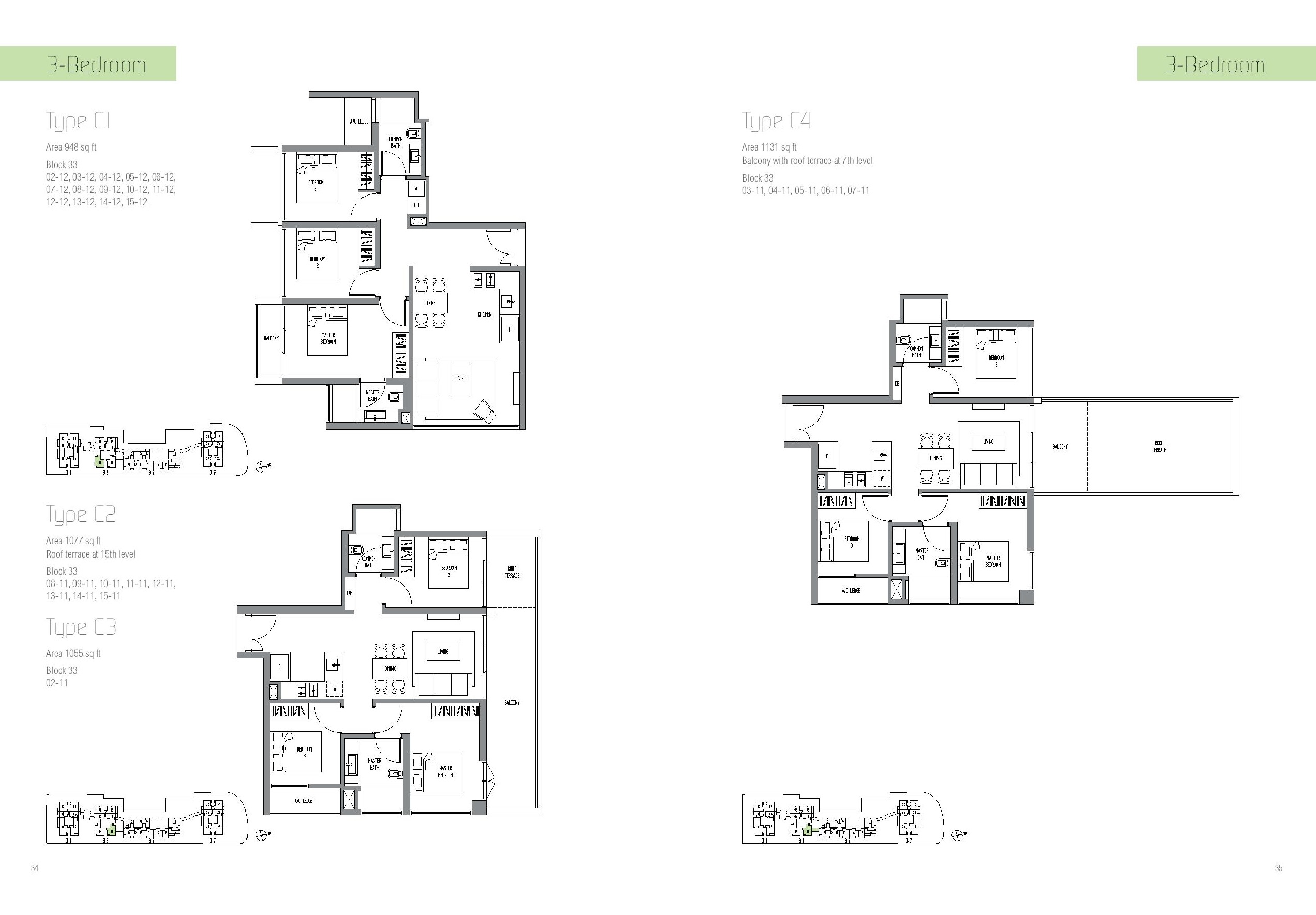 Sennett Residence 3 Bedroom Type C1, C2, C3, C4 Floor Plans