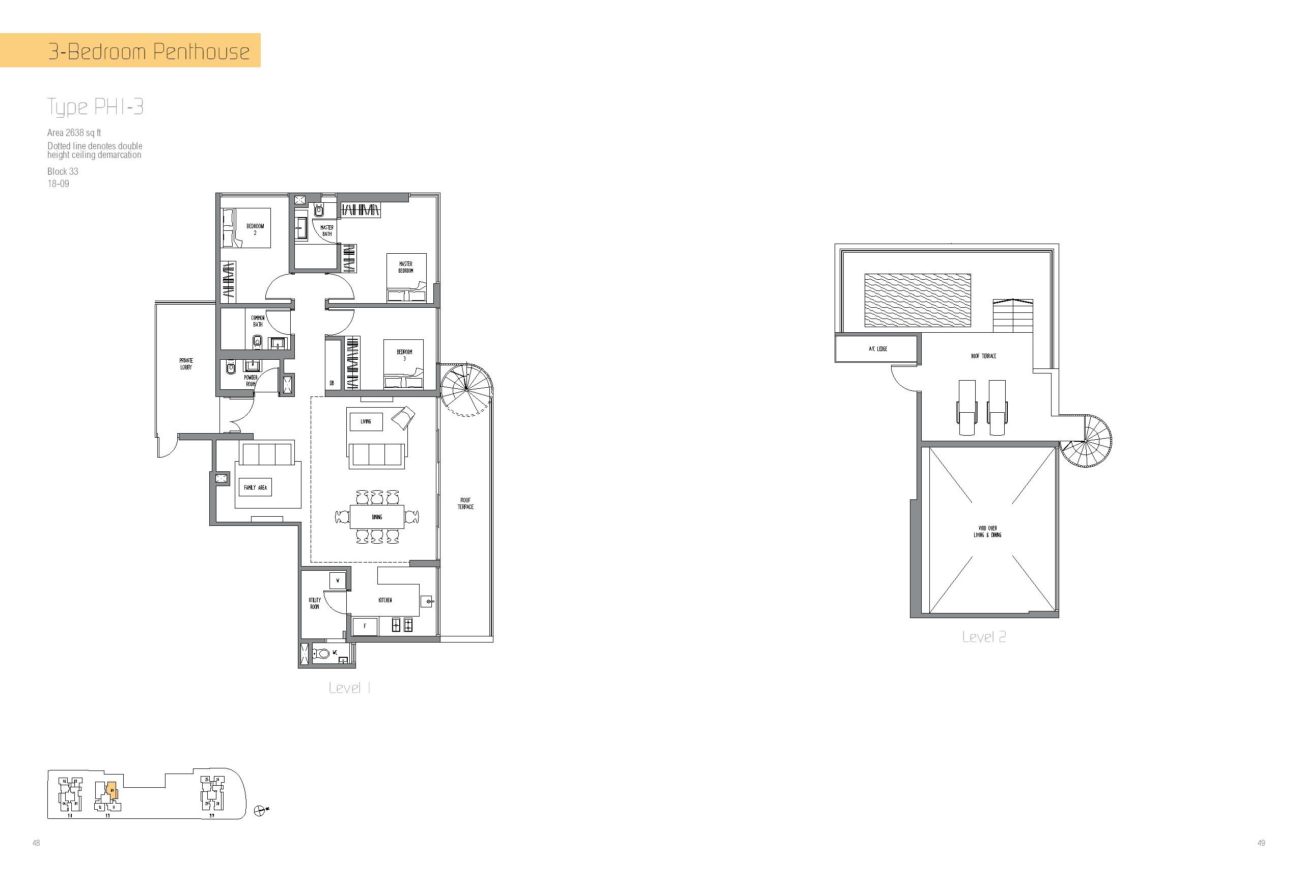 Sennett Residence 3 Bedroom Penthouse Type PH1-3 Floor Plan
