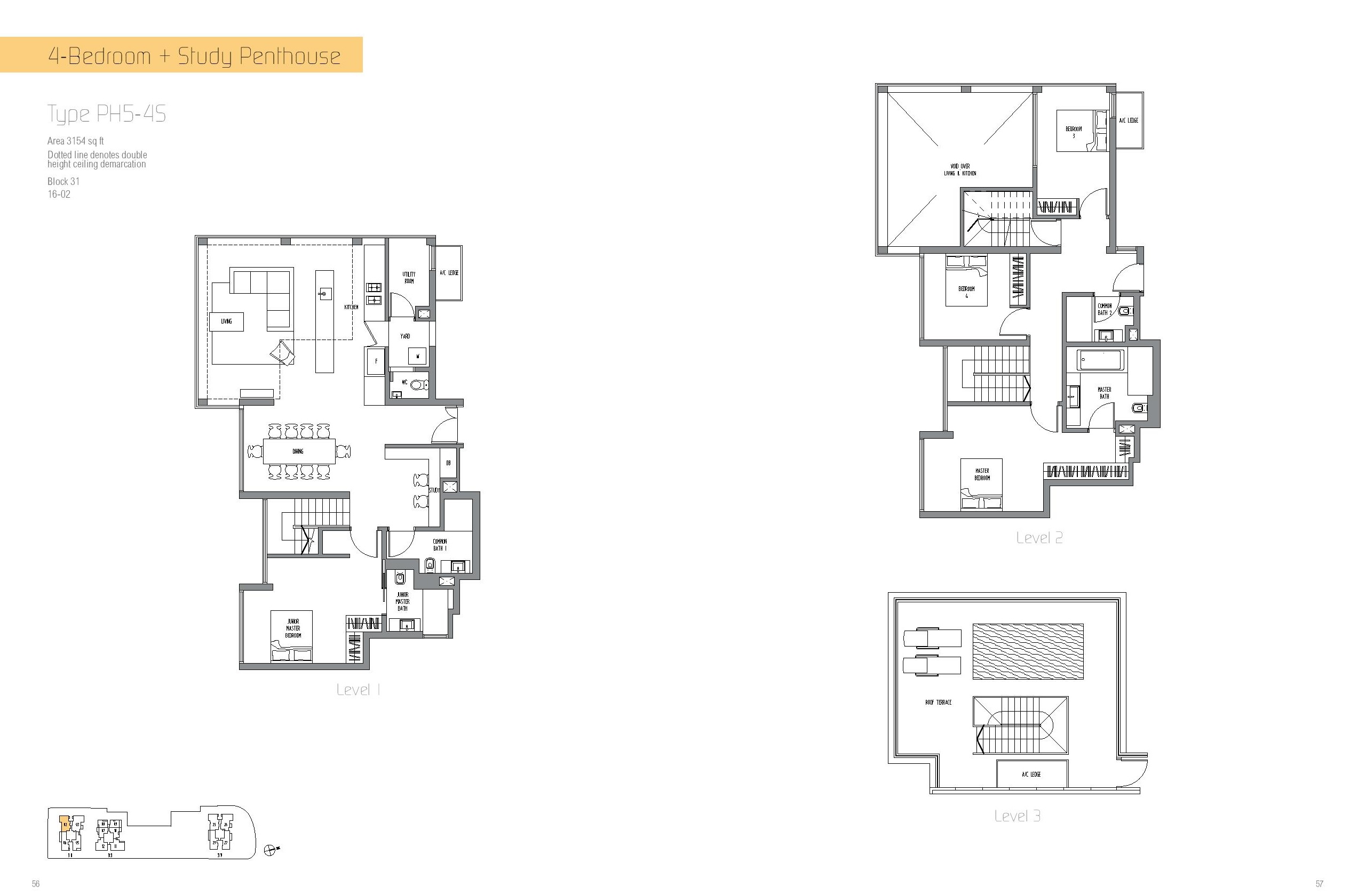 Sennett Residence 4 Bedroom + Study Penthouse Type PH5-45 Floor Plan